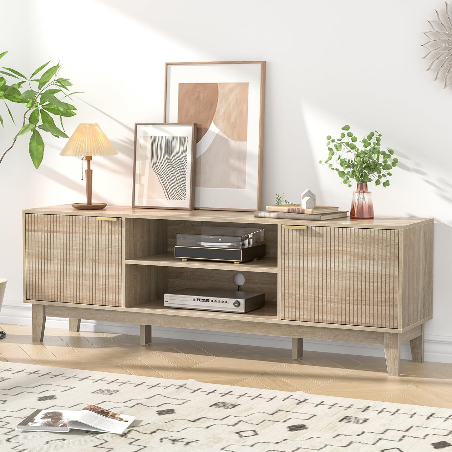 Skokliz TV Unit, 178cm Fluted TV Stand Cabinet, Mid-Century Modern TV Console for TVs up to 80 inch, Farmhouse TV Cabinets with 2 Storage