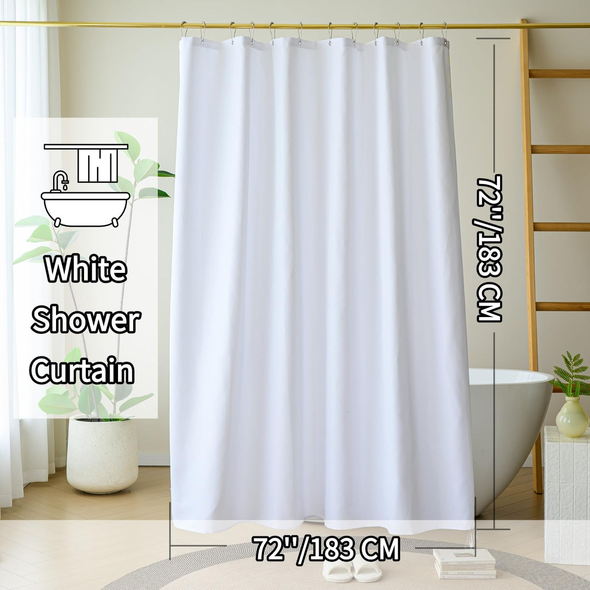 Yofori White Shower Curtain for Bathroom, Fabric Shower Curtains Faux Linen Polyester Wet Room Shower Curtains Sets with Metal Hooks, 183x183cm