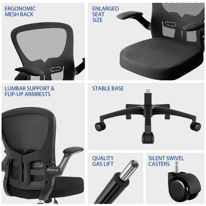 Durrafy Ergonomic Office Chair, Mesh Desk Chair with Adjustable Lumbar Support & Flip-Up Arms, Height Adjustable Swivel for Home Office