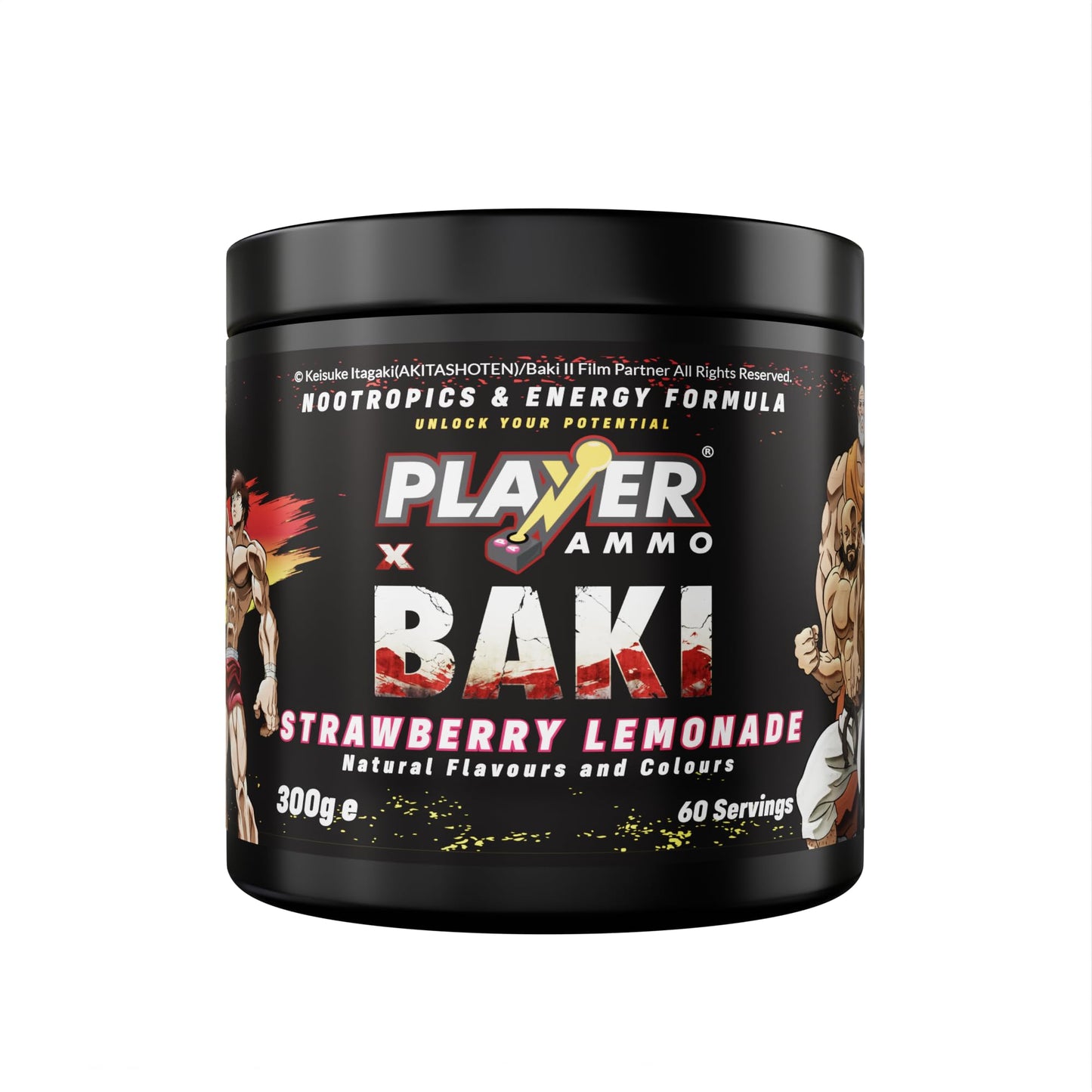 PLAYER AMMO X BAKI | Strawberry Lemonade Energy Powder | Boost Focus Nootropics & Performance ? Sugar Free Energy Supplement | 60 Servings