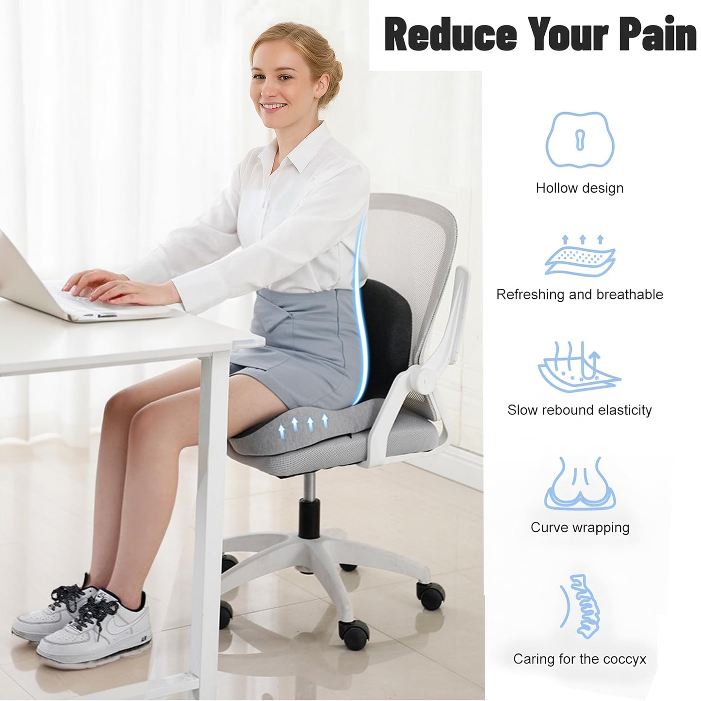 SICOUSOK Memory Foam Seat Cushion for Truck Drivers Office Chairs Wheelchair Ergonomic Seat Cushion for Back, Tailbone