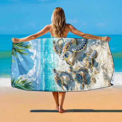 Violetpos Sea Turtle Family Beach Towel, Extra Large 180x90 cm 250GSM Microfibre, Sand Free Quick Dry