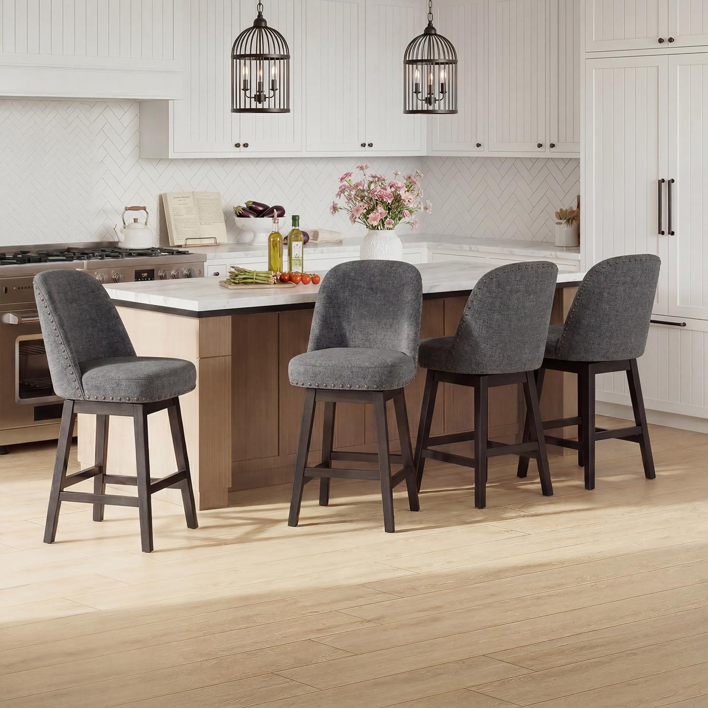 Bar Stools Set of 4, 360° Swivel Counter Stools with Upholstered Seat, Wooden Frame & Nailhead Trim