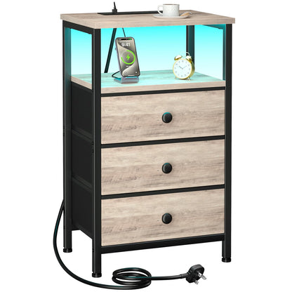 LOAKEKEL Bedside Table with Charging Station, Side Table with 3 Drawers