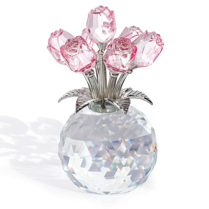 Crystal Pink Rose Bouquet Flower Figurine with Round Vase, Romantic Rose Gifts for Women Her on Valentine's Day Mother's Day Christmas, Rose