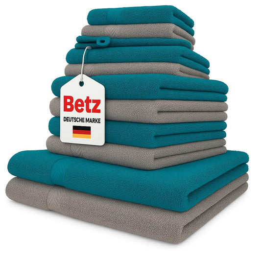 Betz 12-piece towel set PALERMO 100% cotton 2 beach towels 4 hand towels 2 guest towels 2 face towels 2 washcloths Color petrol and stone
