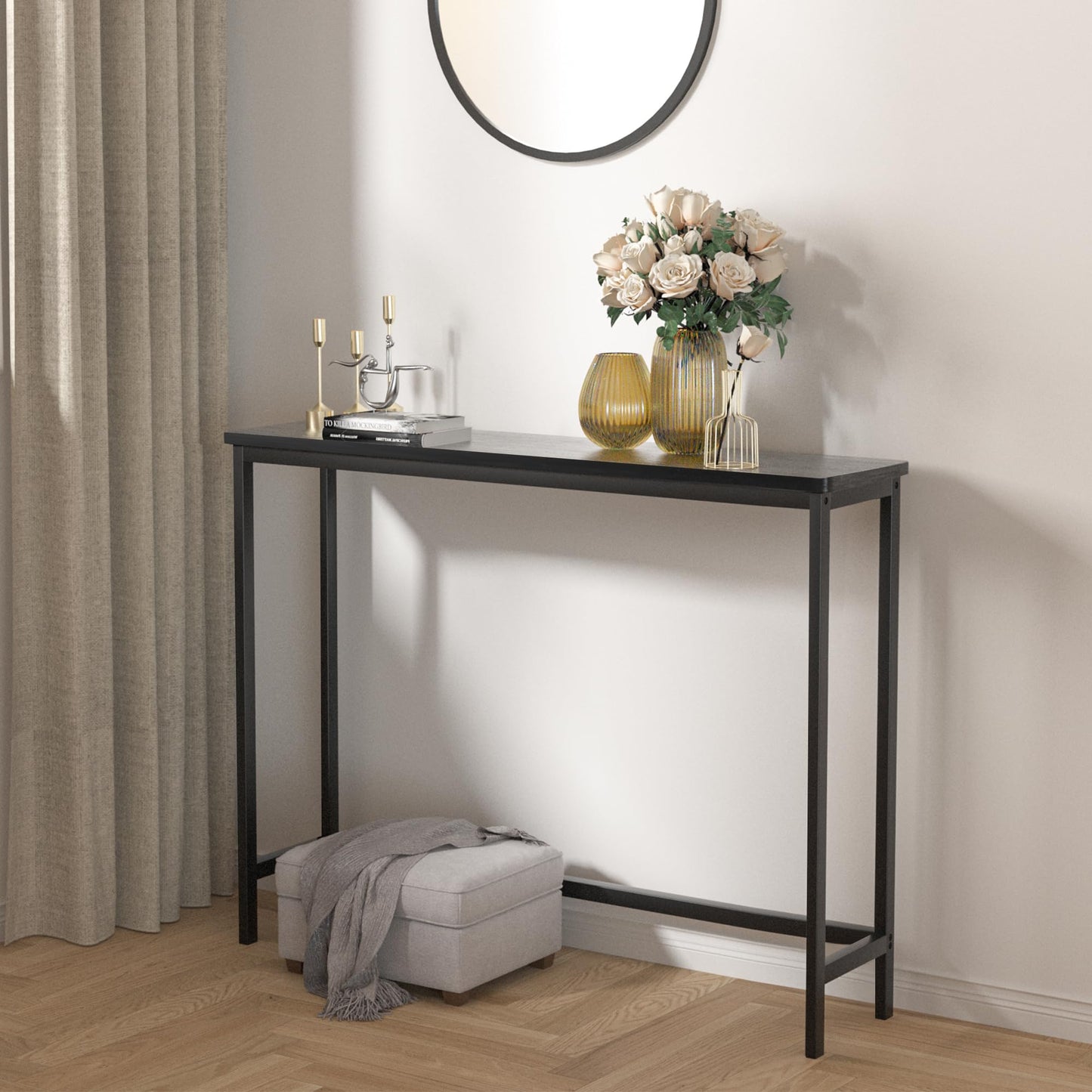 VASMIA Console Table, Slim Entryway Table, Narrow Sofa Table, 100cm Bamboo Hallway Table for Entryway, Living Room, Bedroom, Foyer, Black