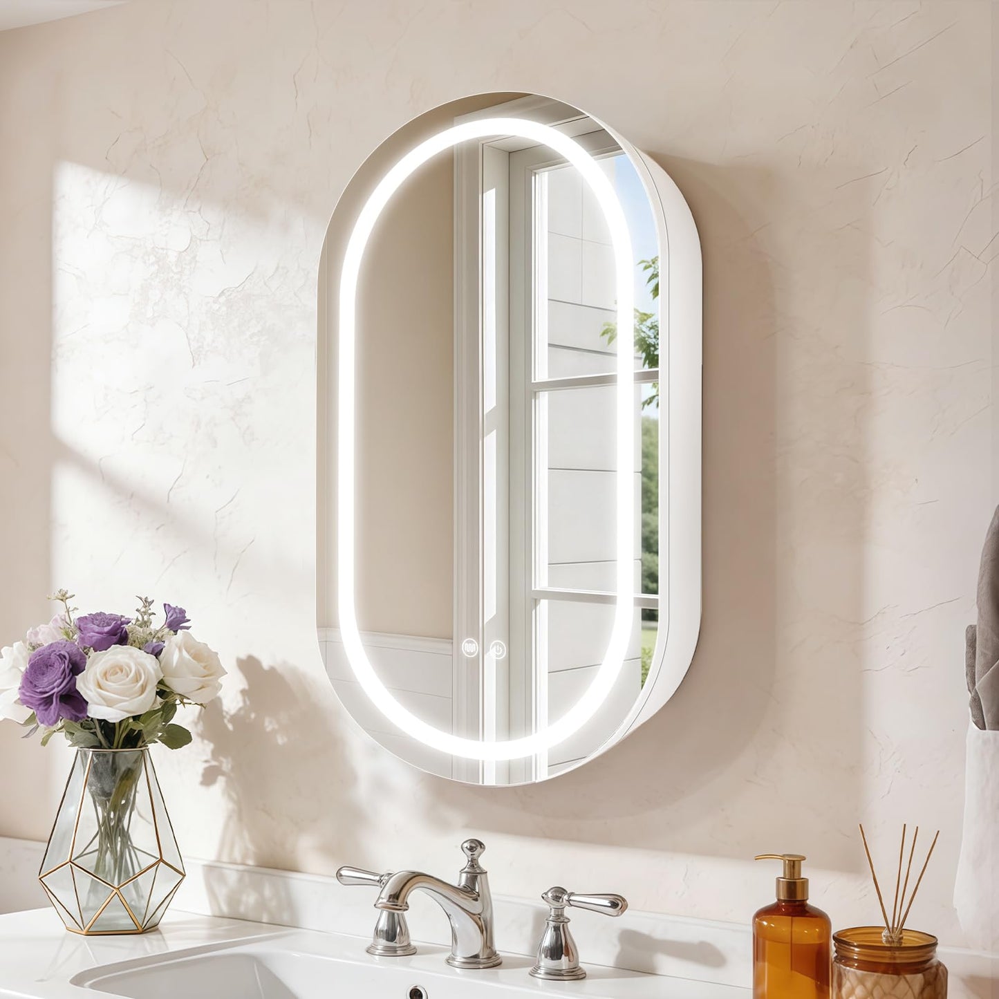 Janboe Oval Mirror Cabinet with Light,41×71cm,3 Colors&Dimmer,Defogger,Internal LIghting,Powerer Coating Iron,USB Shaver Socket,White