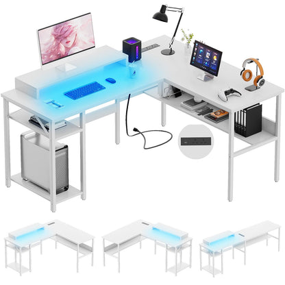 iSunirm L Shaped Desk, Gaming Desk with LED Lights, Reversible Computer Desk with Storage Shelves, Corner Table with Monitor Stand for Home