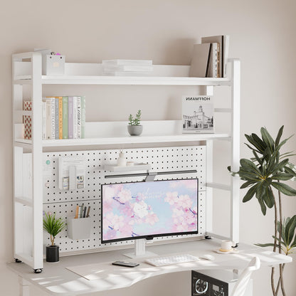 Boltmol 2-Tier Desk Shelf With Concealed Screws Design,White 110CM, Desktop Organizer With Pegboard, Countertop Storage Bookcase For Home