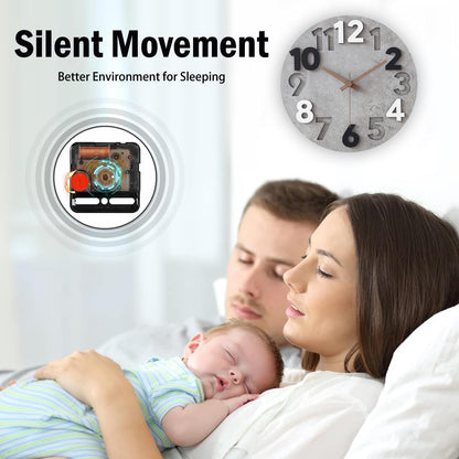 Stellarize Wall Clock Silent & Non Ticking 3D Modern Wooden 12 Inch Battery Operated Kitchen Bedroom Living Room Bathroom Decorative Clock Grey