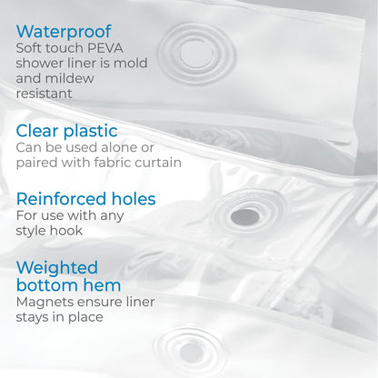 iDesign Waterproof Shower Curtain, Long Shower Curtain Made of Mould-Free PEVA, Stylish and Water Repellent Shower Liner for Bathroom, Clear