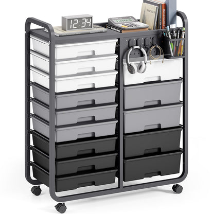 Rolling Storage Cart with 14 Drawers, Storage Organizer Cart with Tabletop and Pegboard,Utility Cart for Living Room, Classroom