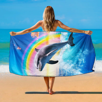 Violetpos Rainbow Dolphin Beach Towel, Extra Large 180x90 cm 250GSM Microfibre, Sand Free Quick Dry