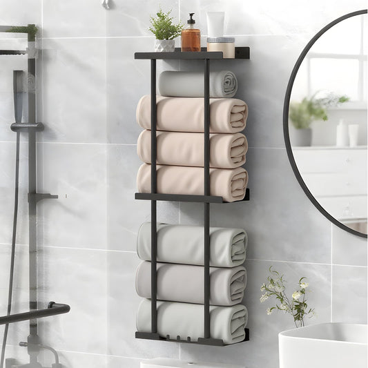 Towel Rack Wall Mounted 3-Tier Metal Heavy Duty Towel Holder for Rolled Towels Storage for Small Bathroom Organizer RV Camper Toilet,Black,31.5x 7.8 x