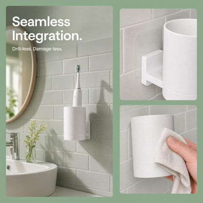 2 Pcs Wall Mounted Toothbrush Holder, Self Adhesive Tooth Brushing Holder Multifunction Tooth Mug Toothpaste Accessories Sets No Drilling for Home