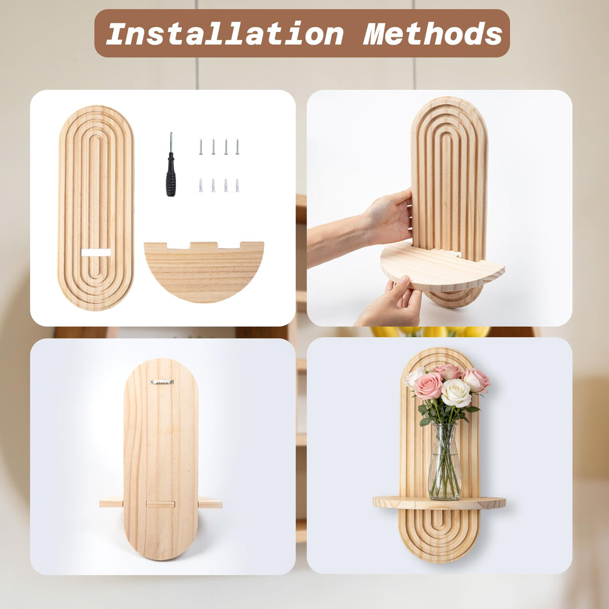 YiYa 2 Pcs Wood Shelves for Wall Decor Modern Boho Wall Shelf Arch Wood Floating Shelf Bohemian Hanging Shelf Display Shelving for Hanging Plants