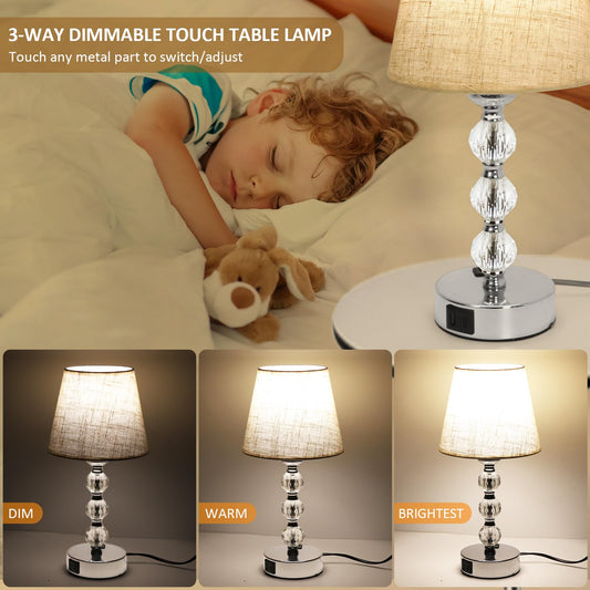 Euxper Touch Bedside Table Lamp, Crystal Table Lamps with USB C+A Charging Ports, 3 Way Dimmable, Set of 2 with White Fabric Shade for Bedroom (2 LED