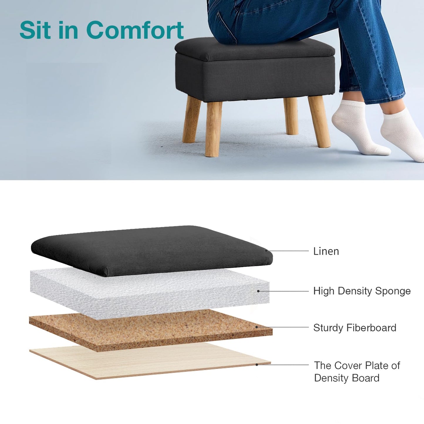 BRIAN & DANY Footstool Ottoman with Storage, Linen Rectangle Storage Ottoman, Foot Stool with Legs Sofa Footrest for Living Room Entryway Office