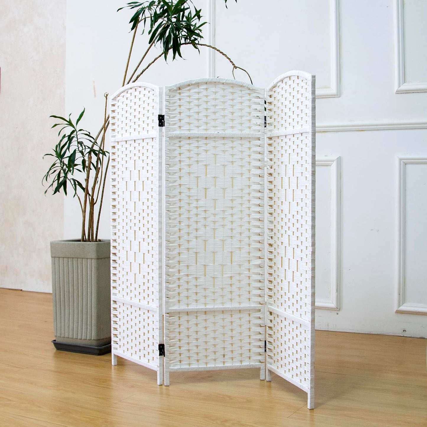 Furnnylane 3 Panel White Rattan Divider Short Room Partition Screen,Double Sided Short Folding Divider for Room Separation,120 cm Tall