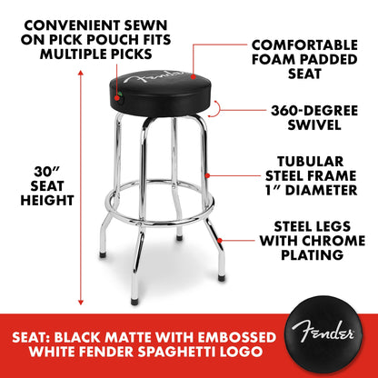Fender Spaghetti Logo Barstool, Swivel Padded Seat, Black/Chrome, 30 In