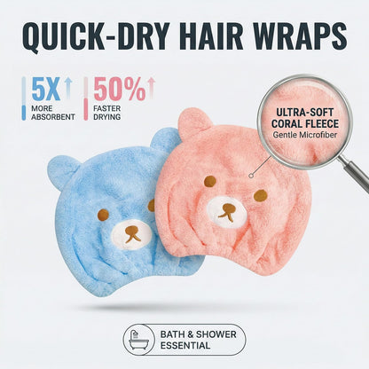 wellrun 2 Pcs Hair Drying Caps,Soft Coral Velvet Towel with Cute Bear Embroidery,Quick Dry Absorbent Hair Wrap for Wet Hairs,Bath Towel for Girls and