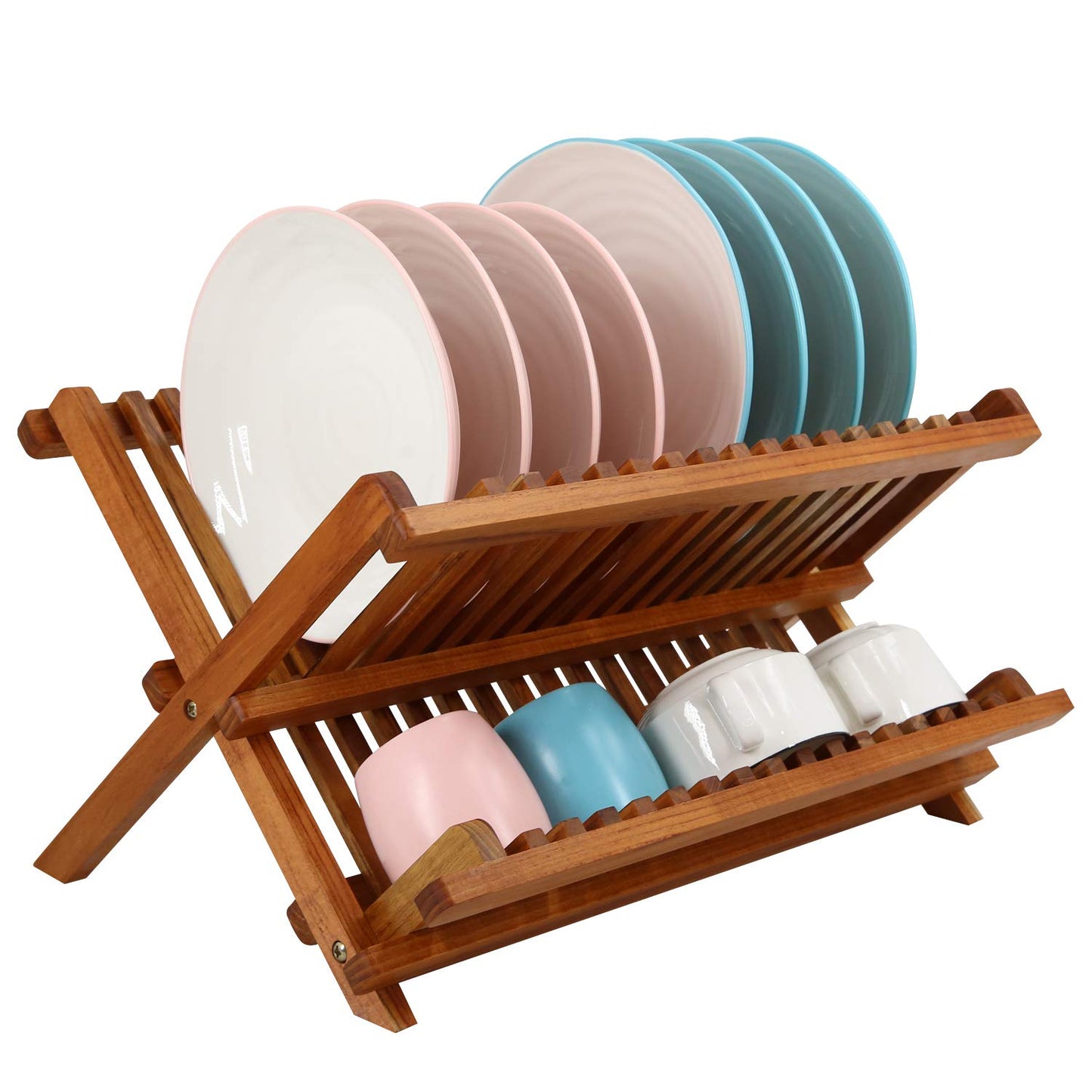 Utoplike Teak Dish Rack Stand Drainer, Collapsible 2 Tier Dish Drying Rack with Cup Holder, Wooden Plate organiser for Kitchen