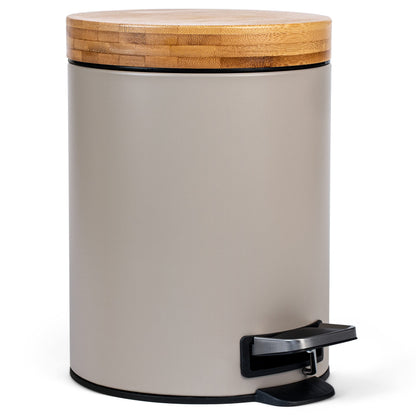 Kazai. 5L Designer Bathroom Bin | Superior Bamboo | Soft Closing | Anti-Finger | Taupe (Bright)
