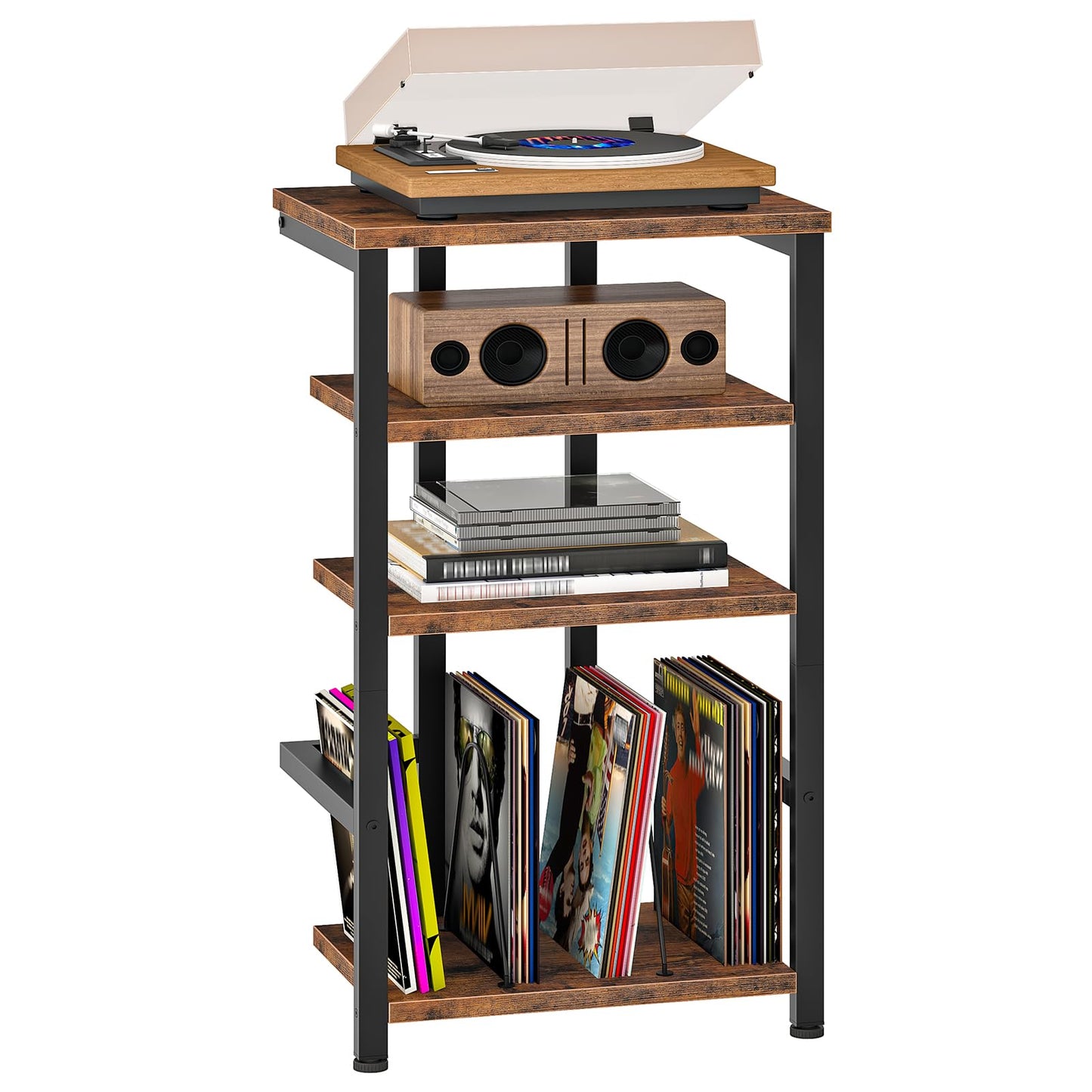 HOOBRO 4-Tier Record Player Stand, Vinyl Record Storage, Side Table, Turntable Stand for Audio Equipment, AV Media Stand for Living Room, Bedroom