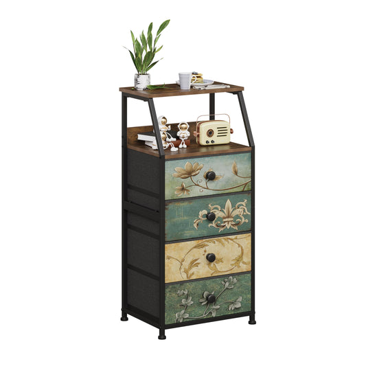 VEDECASA Slim Chest of Drawers with 4 Drawers Bedside Table Bedroom Bedside Cabinet Nightstand for Living Room Bedroom Sofa Couch Closet Wood Top