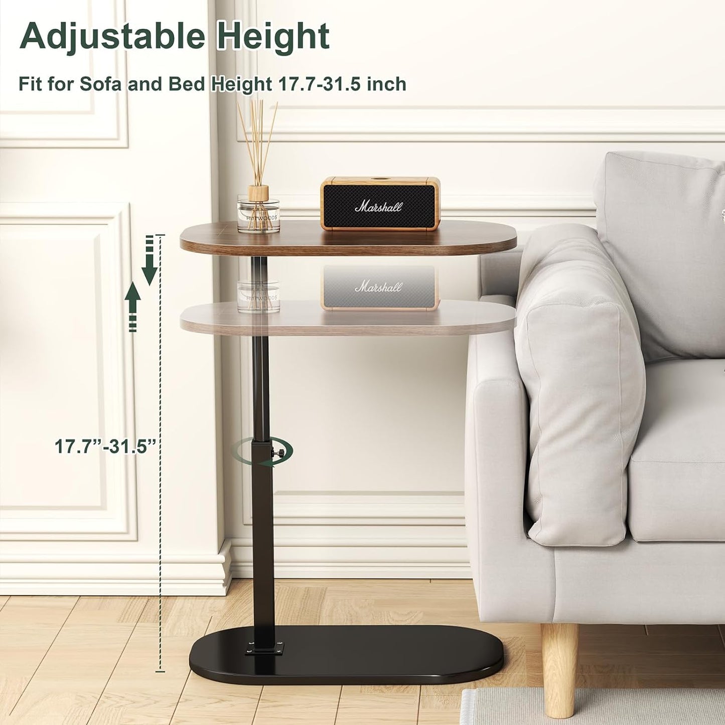 Gelory Height Adjustable Side Table 360° Swivel End Tables, Black Walnut