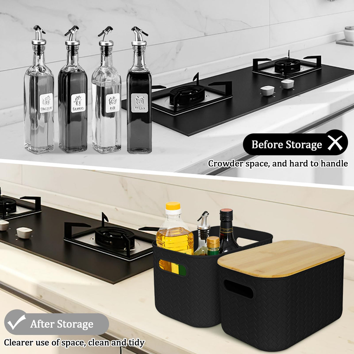 RWFMO 4 Pcs Plastic Black Storage Baskets with Bamboo Lid for Bathroom