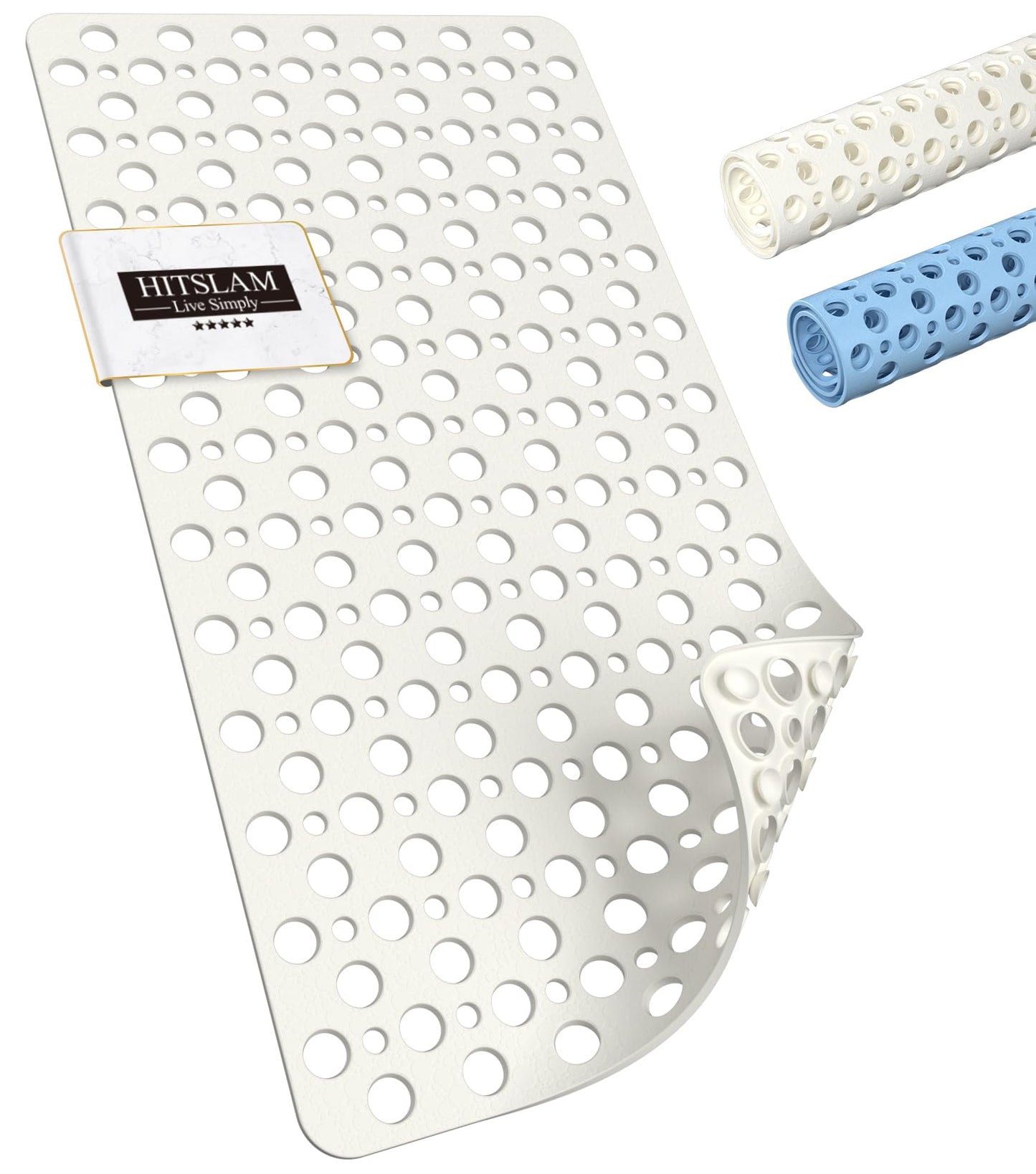 HITSLAM Bath Mat Non Slip Anti Mould, 70 x 38cm TPE Shower Mat for Bathtub & Shower, Machine Washable with Large Drain Holes and Strong Suction Cups