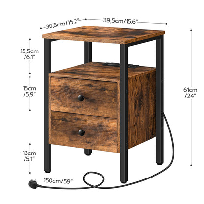 HOOBRO Bedside Table, Side Table with Charging Station, 2 USB Ports and 2 Sockets, End Table with 2 Drawers, Sofa Side Table, Nightstand for Living