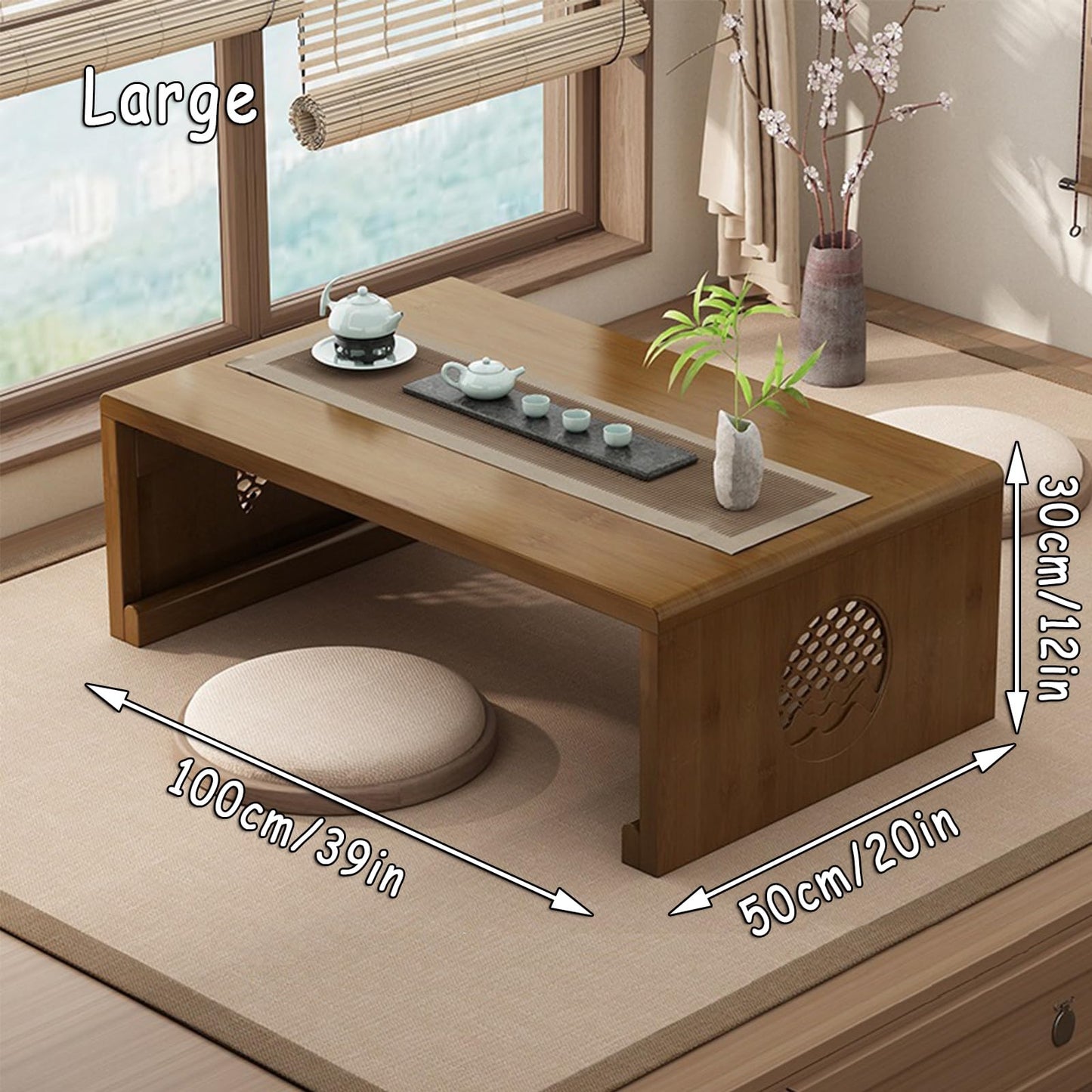 JIANCNGU Bamboo Chinese Tea Floor Table Japanese Foldable Coffee Table Altar Table For Meditation Low Portable Collapsable Tatami Table for Living
