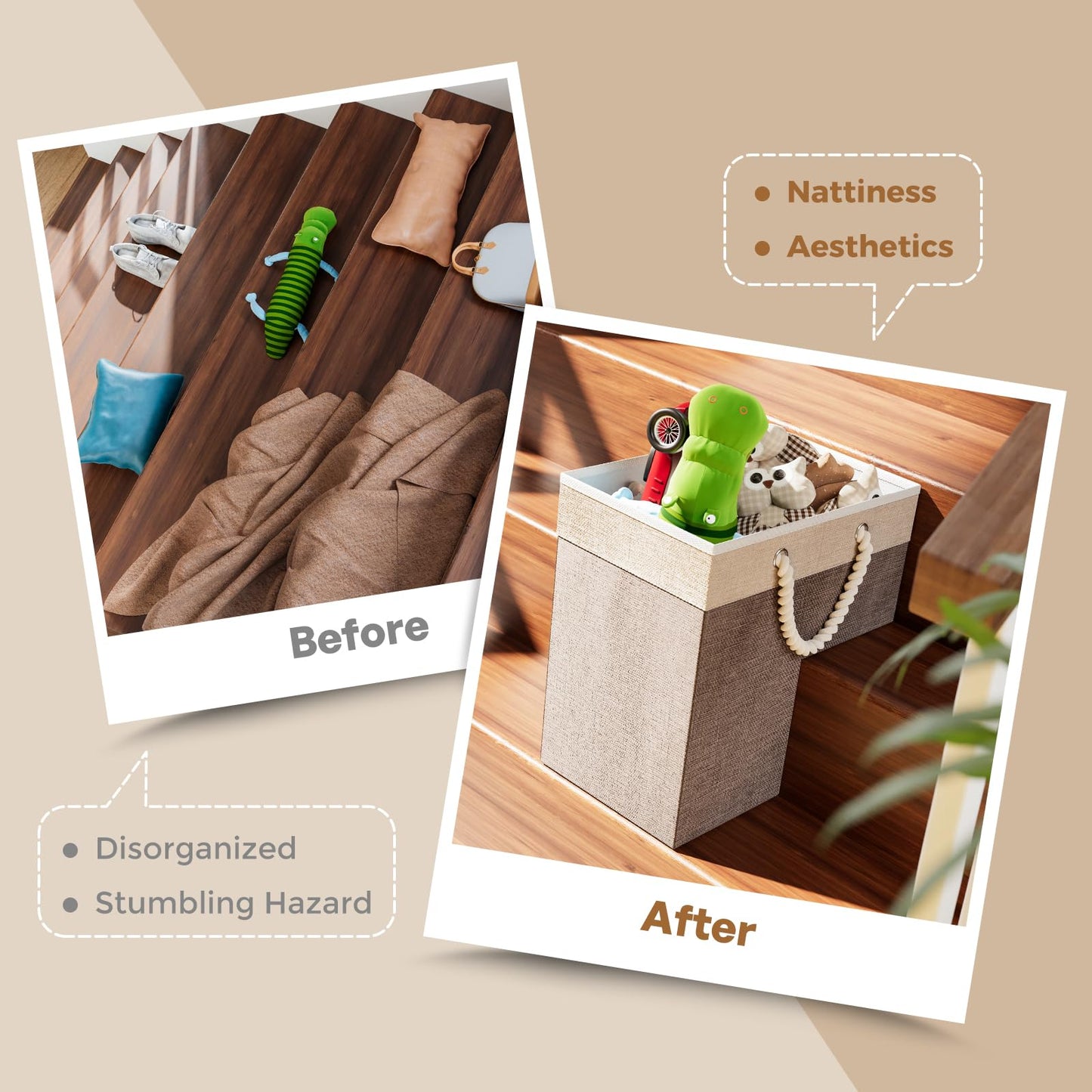 Puricon Flax Basket for Carpeted and Wooden Stairs - Foldable Stair Storage Basket with Handle - Warmgrey, 1 Pack
