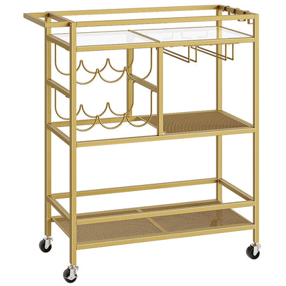 MAHANCRIS Bar Cart for Home, 3-Tier Serving Cart with Wheels and Handle, Beverage Cart with Wine Rack and Glass Holders