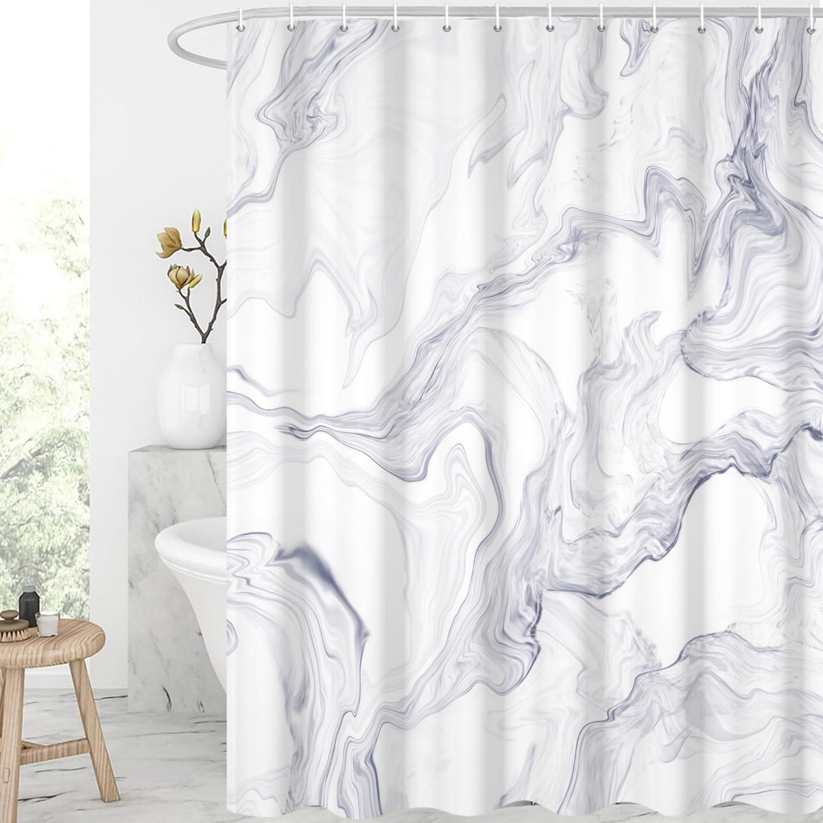 GCIREC Shower Curtain, 180x200cm, White with Purple Texture Ink Marble Modern Art Waterproof Fabric Machine Washable Bathroom Curtain with Hooks