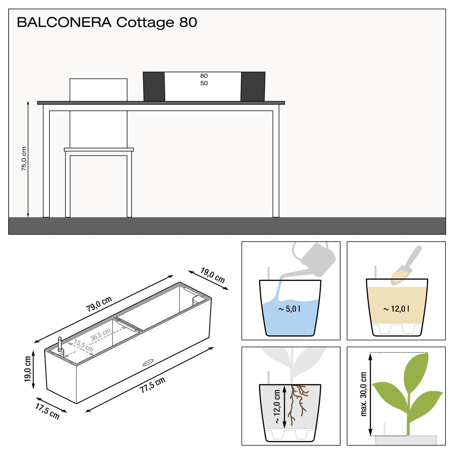 Lechuza BALCONERA Cottage 80 Self Watering Planter Plastic Indoor/Outdoor Flower Rattan Look Plant Pot Table and Window Box with Drainage Hole H19 L80