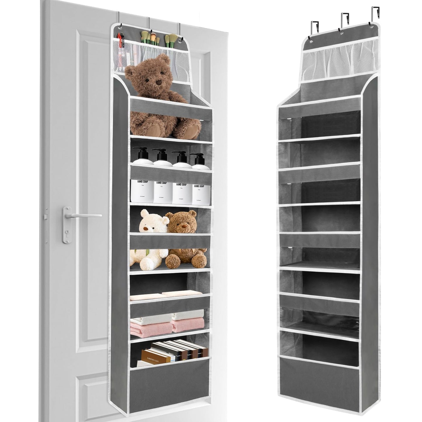 HONZUEN Over Door Hanging Organiser, Back of the Door Storage with 5 Large Shelves & 3 Mesh Pockets, Transparent Windows, Reinforced Hooks