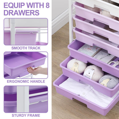 SYKIARIOL 8 Drawers Rolling Storage Trolley, Utility Storage Cart on Lockable Wheels with Plastic Drawers, Multipurpose Mobile Organizer Unit for