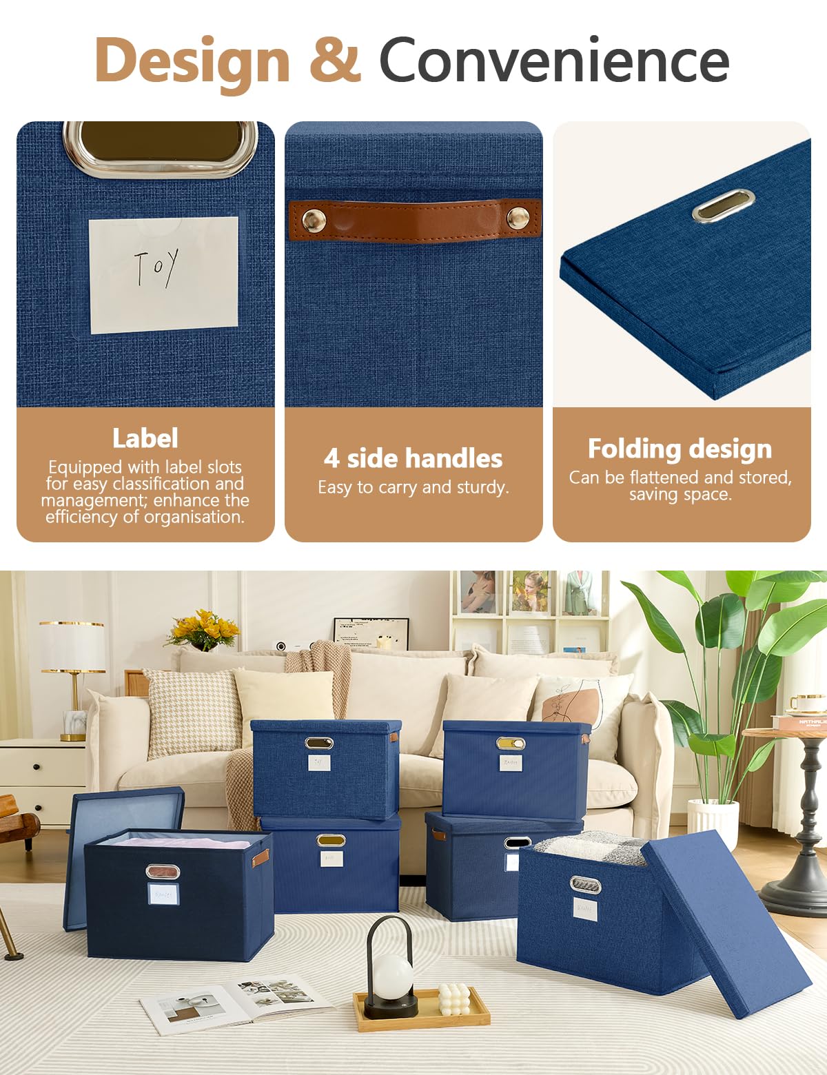 Bagnizer Storage Boxes with Lids 3PCS Foldable Fabric Storage Boxes Large Stackable Storage Baskets for Shelves Storage Box for Clothes Wardrobe Navy