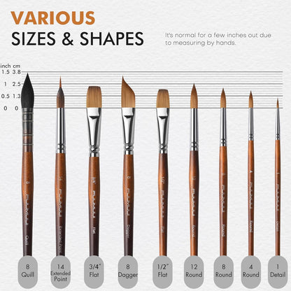 Professional Sable Watercolour Brushes 9pcs, Fuumuui Artist Paint Brush Set, Squirrel Hair Mop Brush, Extended Point Brush, Round Point, Flat, Dagger