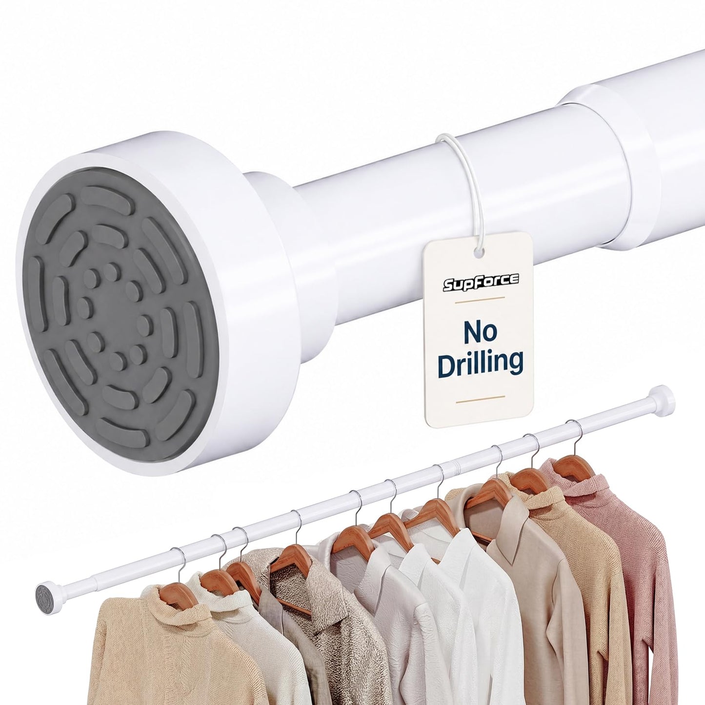 Supforce Wardrobe Rail, No-Drill Wardrobe Hanging Rail, Non-Slip Adjustable Heavy Duty Tension Wardrobe Rail, 43-135cm Spring Rail for Wardrobe