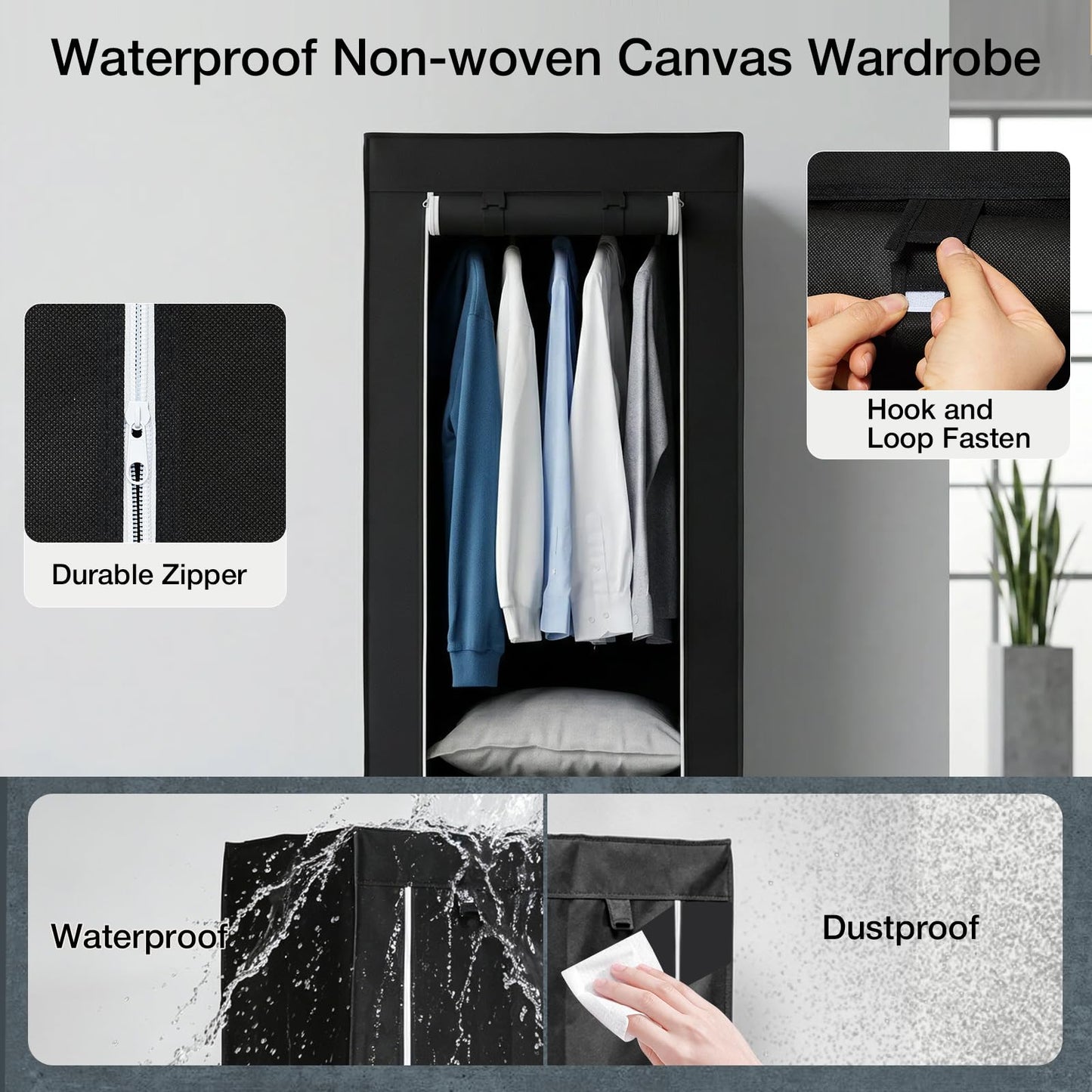 Single Canvas Wardrobe with 2 Drawers and Hanging Rail 160 x 59 x 43CM