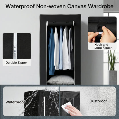 Single Canvas Wardrobe with 2 Drawers and Hanging Rail 160 x 59 x 43CM