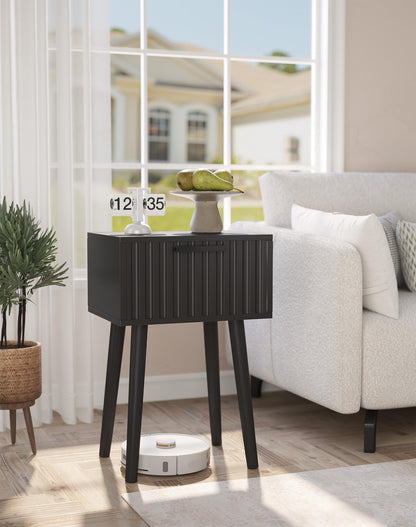 YMYNY Fluted Nightstand Set of 2, Small End Table, Modern Coffee Table with Drawer, Solid Wood Legs, Retaining Chain, 35x27x53cm