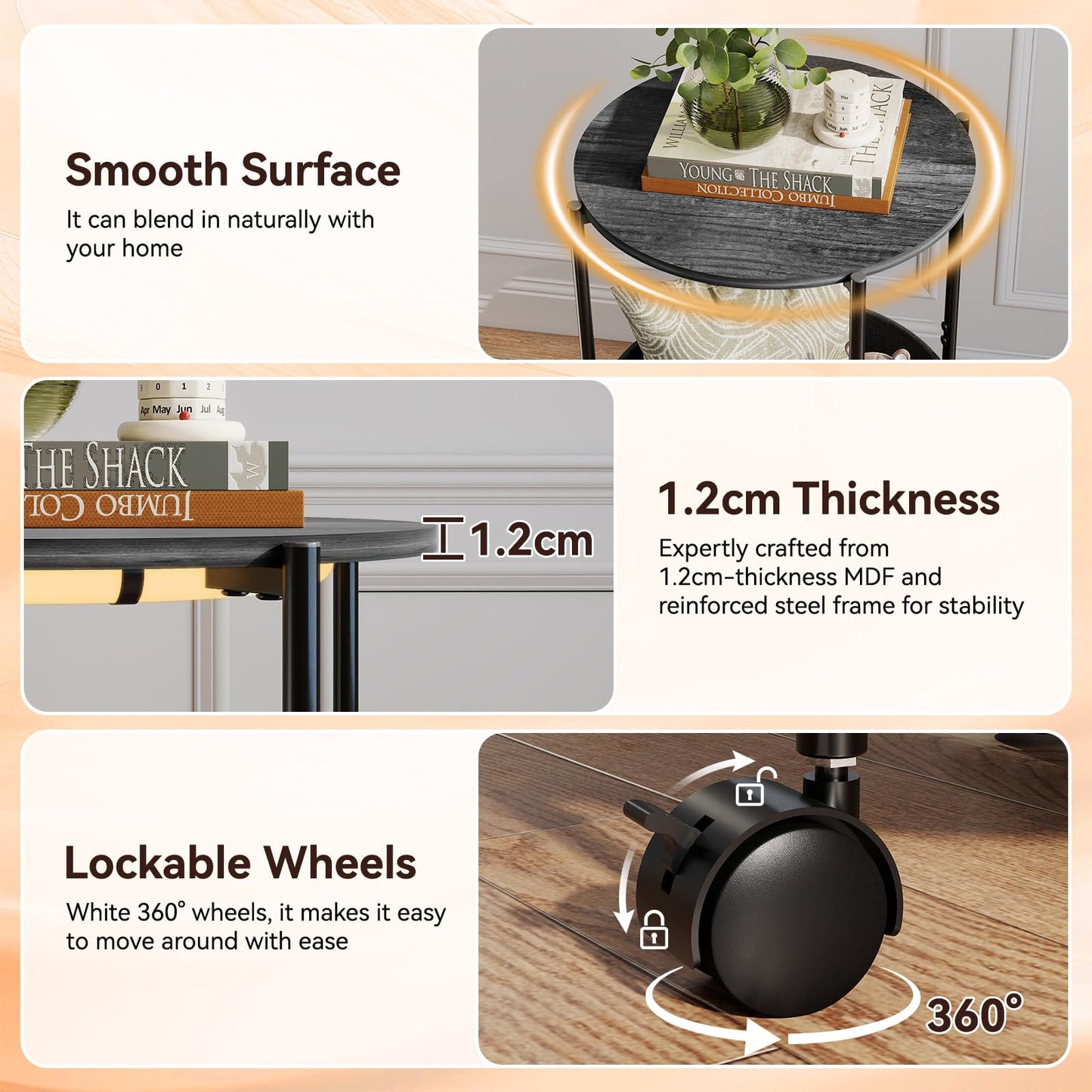 ARTETHYS Side Table, Small Side Coffee Tables for Living Room, End Table with LED Lights, Wheels, Storage Basket, Bedside Sofa Tables for Bedroom