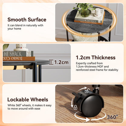 ARTETHYS Side Table, Small Side Coffee Tables for Living Room, End Table with LED Lights, Wheels, Storage Basket, Bedside Sofa Tables for Bedroom
