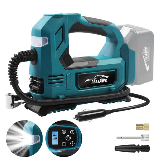 MaxAwe Cordless Air Compressor with Car Cable and 3 Nozzles, Portable Electrical Tyre Pump for Makita 18V, Wireless Tire Inflator for Cars Motors